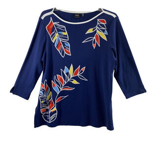 Rafaella Top Womens XL Blue Artsy Embroidered‎ Leaves Tunic Blouse Autumn Fall